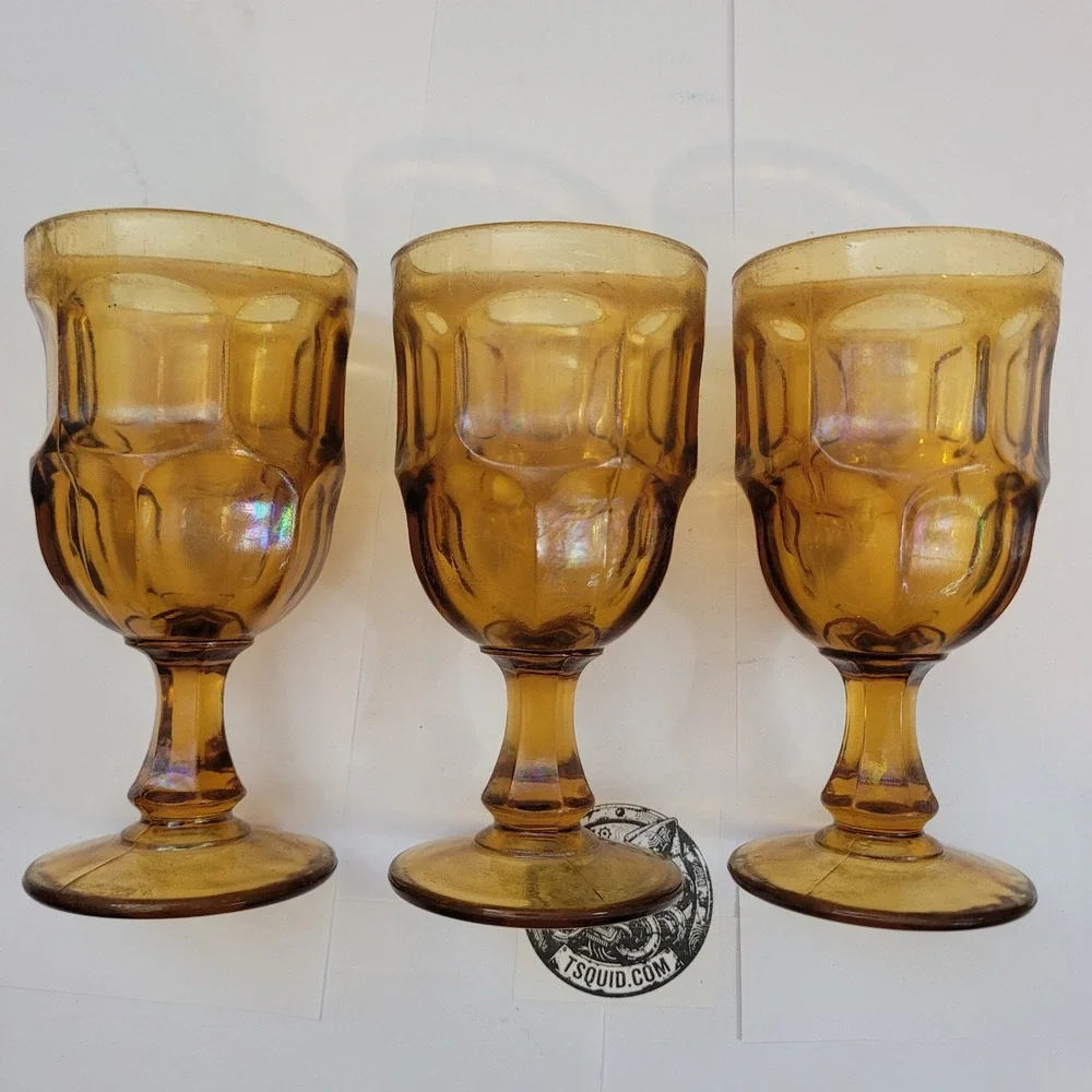 Indiana Glass Whitehall Amber Goblets Vintage Set of 3 Cubist Footed Glasses